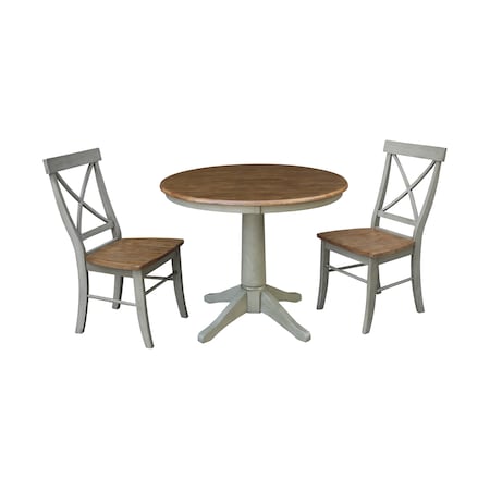 International Concepts Round 36 in Rd Top Pedestal Table, 2 X-Back Chairs, Hickory/Stone, 36 in W, 36 in L, 29.1 in H, Wood K41-36RT-27B-C613-2
